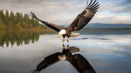 A breathtaking, wide-angle photograph showcases a Bald eagle during a majestic swoop over a tranquil lake, emphasizing its noble stature and skilled hunting.の素材