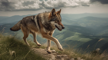 A dynamic, high-resolution photograph showcases an Italian wolf during a playful chase across the rugged terrain of the Apennine Mountains, emphasizing its playful and spirited nature.の素材