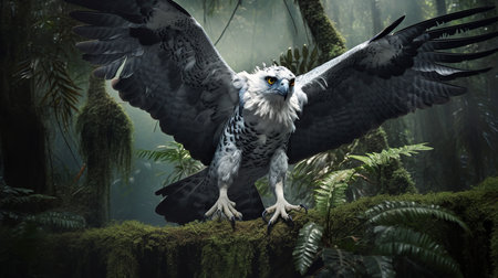 A compelling, high-resolution photograph captures a Harpy eagle during a powerful grasp in a rainforest canopy, highlighting its impressive strength and predatory prowess.の素材