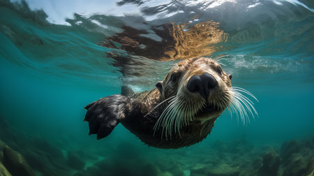 A delightful, wide-angle photograph showcases a playful sea otter during a belly-back float in the Pacific, emphasizing its cheerful and aquatic lifestyle.の素材