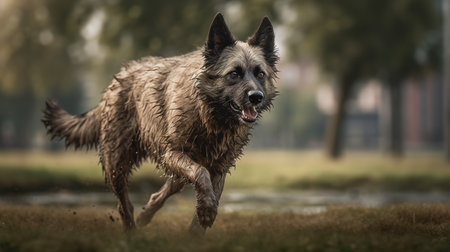 A compelling, high-resolution photograph captures a Belgian Laekenois, a rare dog breed, during focused training in a bustling urban park, showcasing its intelligence and trainability.の素材
