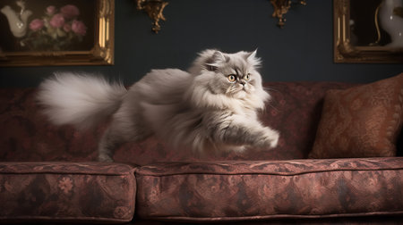 A fun, action-filled photograph captures a Persian kitten's first leap onto a plush sofa, its fur billowing in the motion.の素材