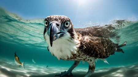 A dynamic, wide-angle photograph showcases an Osprey during a successful catch in a turquoise sea, highlighting its fishing expertise and powerful talons.の素材