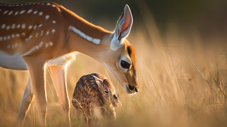 A heartwarming, intimate photograph documents a newborn Gazelle fawn taking its first tentative steps on the African grasslands, under the tender watch of its mother.の素材