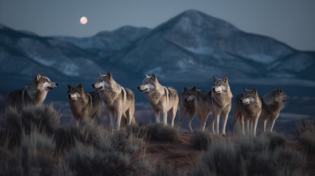A chilling, high-resolution photograph captures a wolf pack during a collective howl beneath the haunting light of a full moon, emphasizing their unity and raw wilderness.の素材