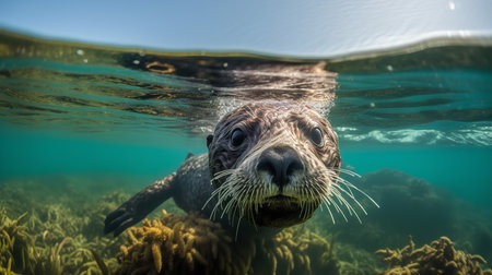 A delightful, wide-angle photograph showcases a playful sea otter during a belly-back float in the Pacific, emphasizing its cheerful and aquatic lifestyle.の素材