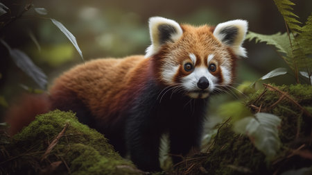 A charming, high-resolution photograph captures a red panda during a delightful feast in the forest canopy, highlighting its adorable nature and love for bamboo.の素材