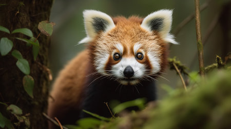 A charming, high-resolution photograph captures a red panda during a delightful feast in the forest canopy, highlighting its adorable nature and love for bamboo.の素材