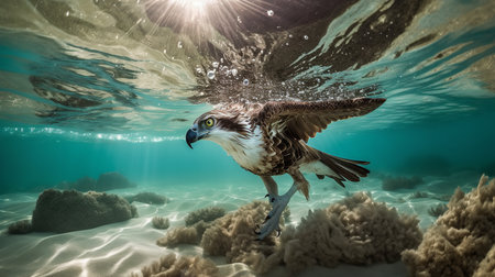 A dynamic, wide-angle photograph showcases an Osprey during a successful catch in a turquoise sea, highlighting its fishing expertise and powerful talons.の素材
