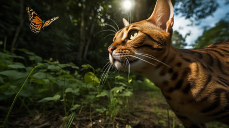 A dynamic, wide-angle photograph showcases a Bengal cat during a pursuit of a fluttering butterfly, emphasizing its striking coat and predatory instincts.の素材