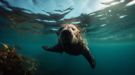 A delightful, wide-angle photograph showcases a playful sea otter during a belly-back float in the Pacific, emphasizing its cheerful and aquatic lifestyle.の素材