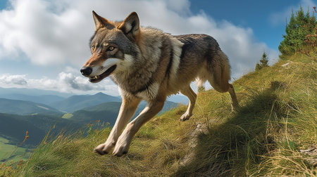 A dynamic, high-resolution photograph showcases an Italian wolf during a playful chase across the rugged terrain of the Apennine Mountains, emphasizing its playful and spirited nature.の素材