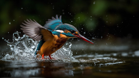 A dynamic, wide-angle photograph showcases a Kingfisher during a successful plunge in a crystal clear stream, highlighting its fishing skills and vibrant plumage.の素材
