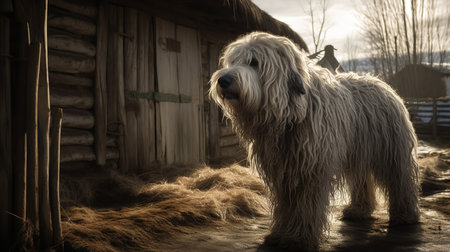 A dramatic, wide-angle photograph documents a Komondor, a rare dog breed, during a watchful guard at a rural farmstead, underlining its protective nature.の素材