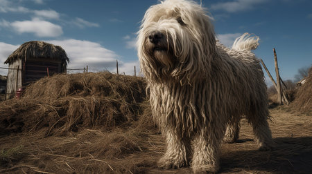 A dramatic, wide-angle photograph documents a Komondor, a rare dog breed, during a watchful guard at a rural farmstead, underlining its protective nature.の素材