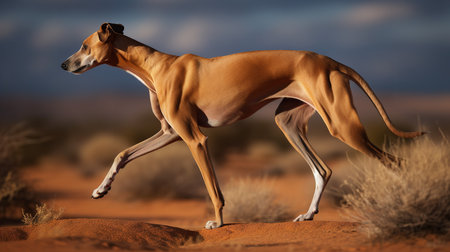 A dynamic, high-resolution photograph captures an Azawakh, a rare dog breed, in a graceful stride across the Sahelian Plains, highlighting its slender physique and speed.の素材