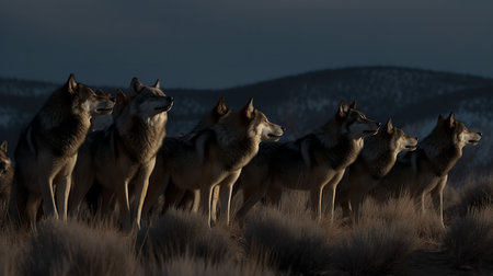 A chilling, high-resolution photograph captures a wolf pack during a collective howl beneath the haunting light of a full moon, emphasizing their unity and raw wilderness.の素材