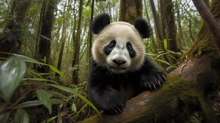 A delightful, wide-angle photograph displays a Panda cub's first climb up a towering bamboo tree in the heart of a lush forest, its claws gripping the trunk tightly.の素材