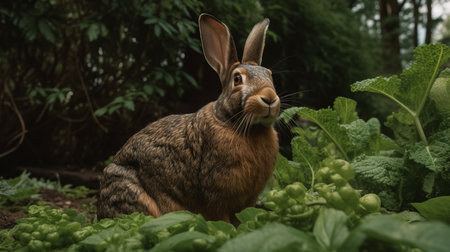 A charming, wide-angle photograph showcases a Flemish Giant rabbit during a munch in a verdant garden, emphasizing its large size and plant-based diet.の素材