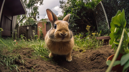 A charming, panoramic photograph shows a fluffy bunny's first venture into the backyard, its long ears twitching with curiosity.の素材