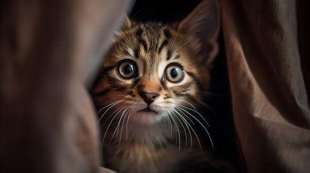 A funny, close-up photograph depicts a mischievous Kitten's first climb on the living room curtain, its eyes wide with thrill and excitement.の素材