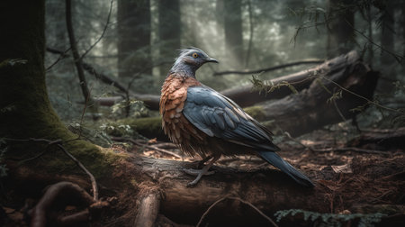 A sorrowful, high-resolution photograph captures the last Passenger Pigeon in an American woodland, a harsh reminder of the devastating effects of species extinction.の素材