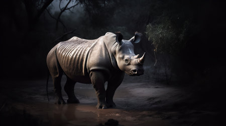 A haunting, low-light photograph captures a rare sighting of the now extinct West African Black Rhino in its natural habitat, a poignant reminder of our environmental impact.の素材