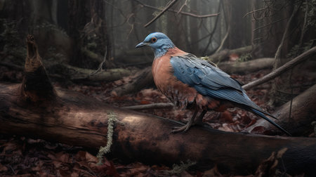 A sorrowful, high-resolution photograph captures the last Passenger Pigeon in an American woodland, a harsh reminder of the devastating effects of species extinction.の素材