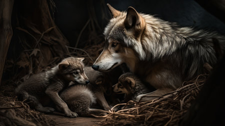 A heartwarming, high-resolution photograph portrays a wolf pack during a tender moment with newborn pups in their hidden den, reflecting their nurturing side.の素材