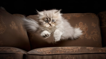 A fun, action-filled photograph captures a Persian kitten's first leap onto a plush sofa, its fur billowing in the motion.の素材