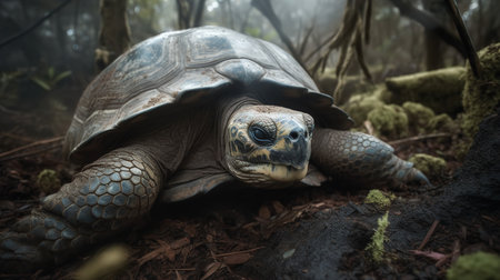 A poignant, high-resolution photograph documents one of the last Pinta Island Tortoises in its native Galapagos habitat, a sad symbol of species recently lost to extinction.の素材