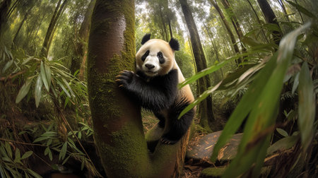 A delightful, wide-angle photograph displays a Panda cub's first climb up a towering bamboo tree in the heart of a lush forest, its claws gripping the trunk tightly.の素材