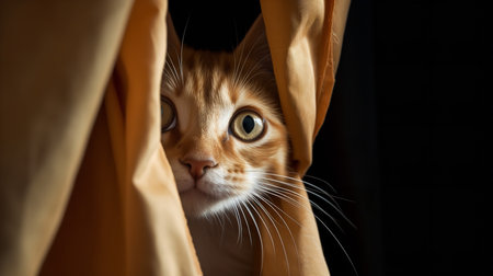 A funny, close-up photograph depicts a mischievous Kitten's first climb on the living room curtain, its eyes wide with thrill and excitement.の素材