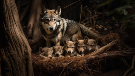 A heartwarming, high-resolution photograph portrays a wolf pack during a tender moment with newborn pups in their hidden den, reflecting their nurturing side.の素材