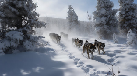 A dynamic, high-resolution photograph captures a wolf pack during a coordinated hunt in the snowy wilderness, underlining their strategic instincts and survival skills.の素材