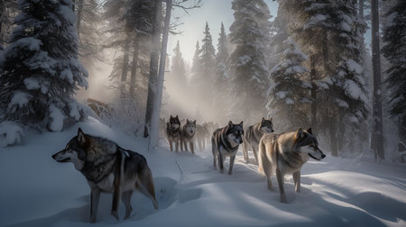 A dynamic, high-resolution photograph captures a wolf pack during a coordinated hunt in the snowy wilderness, underlining their strategic instincts and survival skills.の素材