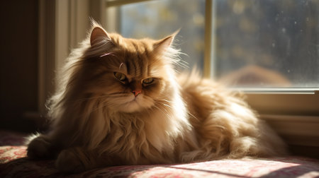 A serene, wide-angle photograph showcases a Persian cat during a leisurely nap in a sunny window, emphasizing its lush fur and relaxed demeanor.の素材