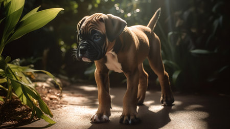A heartwarming, high-resolution photograph captures a Boxer puppy's first steps in a sunlit garden, its small paws clumsily navigating the green grass.の素材