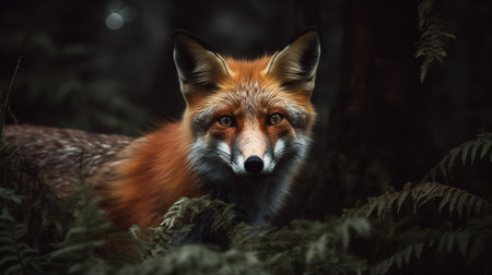 A haunting, close-up photograph portrays a Red fox with an intense gaze, captured amidst the dense undergrowth of a European forest.の素材