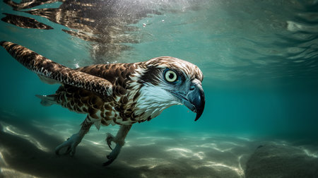 A dynamic, wide-angle photograph showcases an Osprey during a successful catch in a turquoise sea, highlighting its fishing expertise and powerful talons.の素材