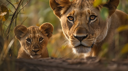A heartwarming, high-definition photograph features a playful African lion cub curiously exploring its vast savanna habitat under the watchful eyes of its mother.の素材