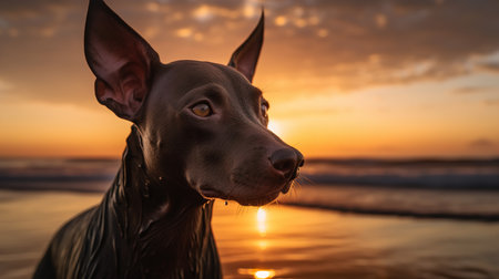A mesmerizing, high-resolution photograph captures a Peruvian Hairless Dog, a rare dog breed, during a sunset stroll on a Pacific beach, reflecting its peaceful and calm demeanor.の素材