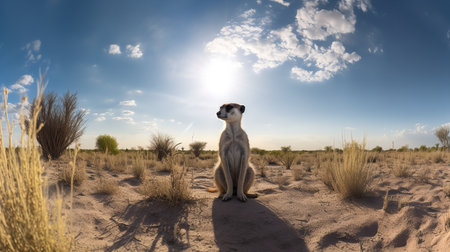 A striking, wide-angle photograph showcases a Meerkat during a watchful sentry in the Kalahari plains, emphasizing its vigilant behavior and social structure.の素材