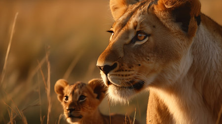 A heartwarming, high-definition photograph features a playful African lion cub curiously exploring its vast savanna habitat under the watchful eyes of its mother.の素材