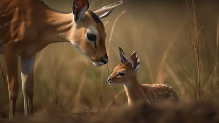 A heartwarming, intimate photograph documents a newborn Gazelle fawn taking its first tentative steps on the African grasslands, under the tender watch of its mother.の素材