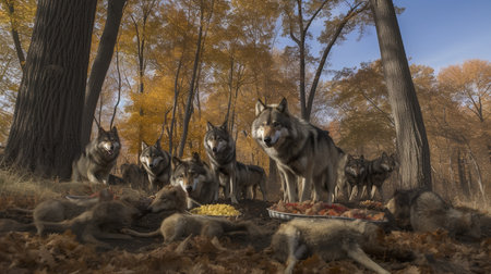 A graphic, wide-angle photograph showcases a wolf pack during a hierarchical feast after a successful hunt, highlighting their complex social structure.の素材