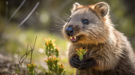 A heartwarming, high-resolution photograph captures a quokka during a contented munch on a sunny meadow, emphasizing its cheerful disposition and plant-based diet.の素材