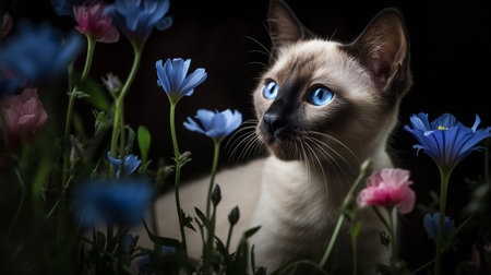 A delightful, high-resolution photograph documents a Siamese kitten's first exploration of a flower-filled garden, its sapphire eyes wide with curiosity.の素材