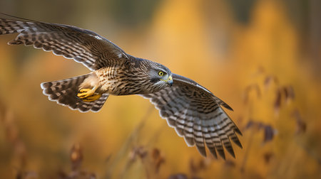 An action-filled, high-resolution photograph portrays a Merlin during a chase in the autumn countryside, reflecting its speed and agile hunting techniques.の素材