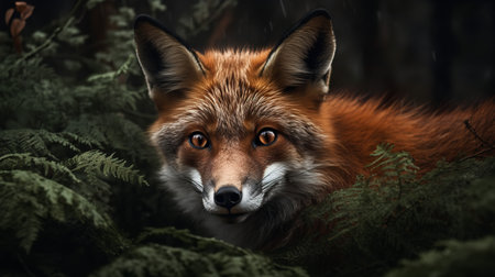 A haunting, close-up photograph portrays a Red fox with an intense gaze, captured amidst the dense undergrowth of a European forest.の素材